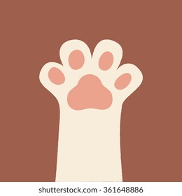 white kitten paw. isolated on brown background, simple cartoon flat style, vector illustration art.