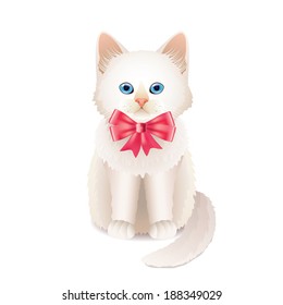 White kitten with pink bow isolated vector illustration