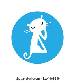 White kitten sitting and washing on the blue background. Cat logo. vector illustration