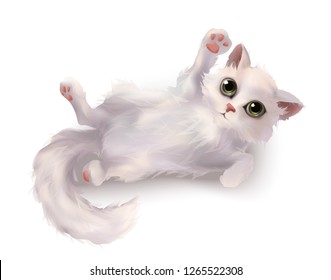 White kitten in vector 3d realistic, Isolated on white background. Fluffy cat character.