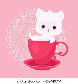 White kitten/cat in a tea/coffee cup vector illustration. Cute curious kitten/cat peeping from the cup