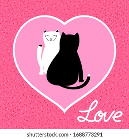 White kitty and black cat. Lovers. Against the background of a pink heart
