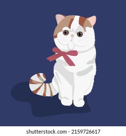 White kitty with pink bow on blue blackground. flat vector illustration. japanese cat snoopy. american cute shothair snoopy cat