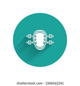 White Knee pads icon isolated with long shadow. Extreme sport. Sport equipment. Skateboarding, bicycle, roller skating protective gear. Green circle button. Vector Illustration