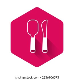 White Knife and spoon icon isolated with long shadow background. Cooking utensil. Cutlery sign. Pink hexagon button. Vector