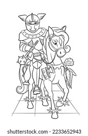 White knight outline. Children's coloring page. Alice fairy tale vector. Through the Looking-Glass coloring book