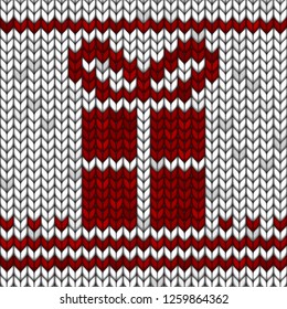 White knitted fabric with a red ornament and gift. Realistic illustration.