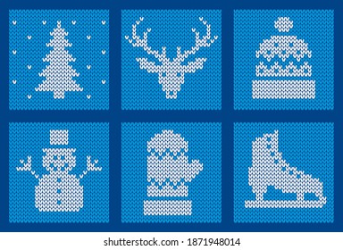 Iconos vectoriales de invierno de punto blanco colocados sobre fondo azul
