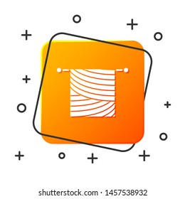 White Knitting icon isolated on white background. Wool emblem with knitted fabric and needle. Label for hand made, knitting or tailor shop. Orange square button. Vector Illustration