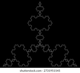 Padrão fractal antisfloco de neve branco Koch sobre um fundo preto, criado a partir de segmentos de linha com uma estrutura geométrica abstrata, simetria, singularidade, autossimilaridade. Adequado para ilustração matemática, científica e educacional, fundo, cartaz, decoração.