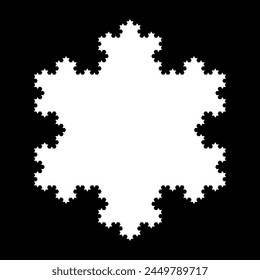 White Koch snowflake, a fractal curve, fifth iteration, over black. Starting with an equilateral triangle, each successive stage is formed by adding outward jags to each side of the previous stage.