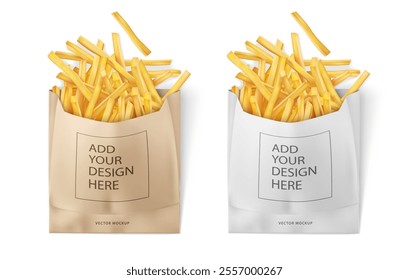 White and kraft paper bags for french fries packaging to takeaway. Food go, fried potato pack design mockup. Isolated on white background. Realistic. Vector illustration.