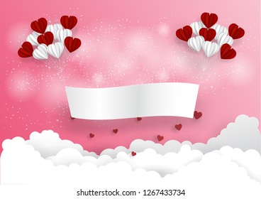 white label fly by heart balloon on pink background.vector.paper art and craft style.