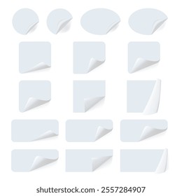 White Label Paper Stickers: Rectangle, Round, Square, and Curled Edge Badges for Sticky Notes, Reminders, and Peel-Off Tags – Vector Illustrations