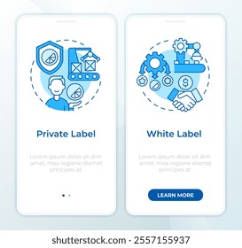 White label vs private label blue onboarding mobile app screen. Walkthrough 2 steps editable graphic instructions with linear concepts. UI, UX, GUI template