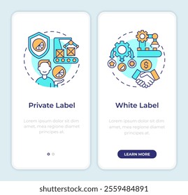 White label vs private label onboarding mobile app screen. Walkthrough 2 steps editable graphic instructions with linear concepts. UI, UX, GUI template