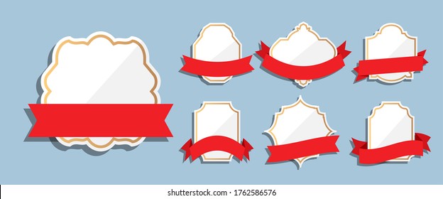 White labels gold frame with red ribbons retro vintage set. Different shape empty border for bestseller, sale price. Template for text banner. Elegance sticker. Isolated on blue vector illustration