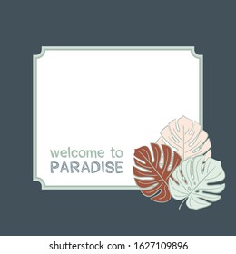 White Labels with Monstera Leaves. White fields for text with a blue frame and pink, blue and brown leaves. Blank for cosmetic design