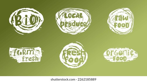 White labels with organic and raw food diet designs. Logo collection for local farm products packaging. Each element is isolated.