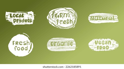 White labels with vegan and natural food diet designs. Logo set for local farm products packaging. Each element is isolated.