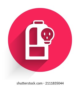 White Laboratory chemical beaker with toxic liquid icon isolated with long shadow background. Biohazard symbol. Dangerous symbol with radiation icon. Red circle button. Vector