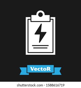White Laboratory clipboard with checklist icon isolated on black background. Control list symbol.  Vector Illustration