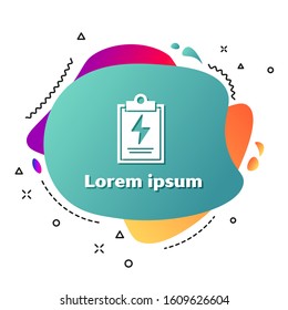 White Laboratory clipboard with checklist icon isolated on white background. Control list symbol. Abstract banner with liquid shapes. Vector Illustration