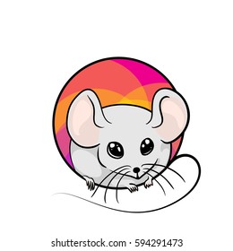 White laboratory mouse, a badge. Animal art, cute cartoon style, hand drawn vector illustration