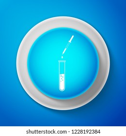 White Laboratory pipette with liquid and falling droplet over glass test tube icon isolated on blue background. Laboratory research or laboratory testing. Circle blue button. Vector Illustration