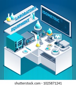 White laboratory table with scientific equipment, substances in beakers, isometric composition on blue background vector illustration