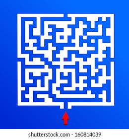 White labyrinth with a red arrow on a blue background