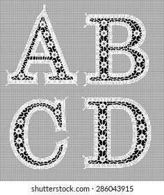 White Lace. Alphabet. A, B, C, D. White Grid. Black Background.