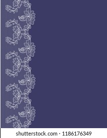 white lace border with floral pattern on a dark blue background