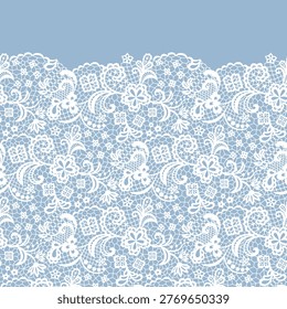 White Lace Border on Blue Background. Seamless Vector Trim. Elegant Vintage Style.