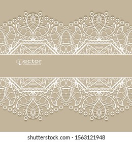 White lace border on colored beige background. Abstract geometric doodle line ornament. Wedding invitation or greeting card design. Vintage luxury postcard, ornate page cover, monochrome illustration
