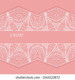 White lace border on colored pink background. Abstract geometric doodle line ornament. Wedding invitation or greeting card design. Vintage luxury postcard, ornate page cover, monochrome illustration