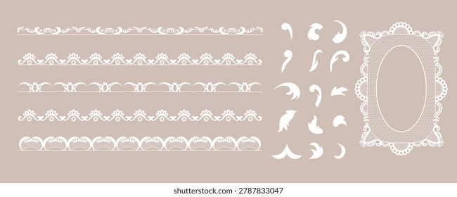 White lace border ornament vector set for wedding design, stationery, invitation dividers, certificates, menus, labels, and elegant printable layouts.
