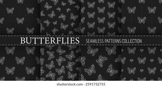 White lace butterflies with dots and hearts on black background. Vector seamless patterns collection.