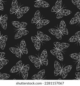 White lace butterflies on black background seamless pattern. Best for textile, wallpapers, wrapping paper, package and home decoration.