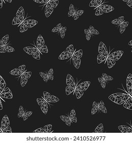 White lace butterflies on black background seamless pattern. Best for textile, wallpapers, wrapping paper, package and home decoration.