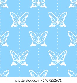 White lace butterflies on blue dotted background. Vector seamless pattern. Best for textile, print, wallpapers, and wedding decoration.