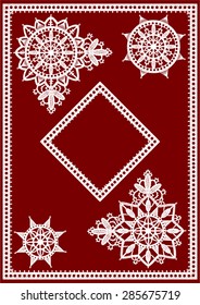 White Lace. Clip Art. Corner and Frame. Red Background.