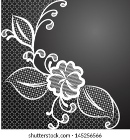 White lace corner against a dark background with space for text. Can be used to design wedding invitations and greeting cards. Vector illustration.
