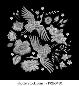 white lace. Crane bird, flowers, rose, plant. Traditional folk stylish stylish embroidery on the black background. Sketch for printing on clothing, bag, accessories and design. Vector, trend