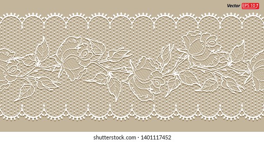 White lace design background, ornamental flowers band Abstract Lace Ribbon Seamless Pattern. Template frame Lace Doily. Floral rose background border vector illustration