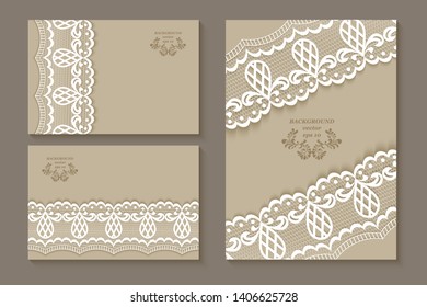 White lace design background, ornamental flowers band Abstract Lace Ribbon. Set Template frame Lace Doily. Floral background border vector illustration