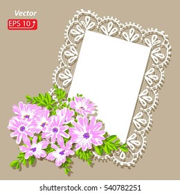 White lace design background, ornamental flowers band Abstract Template frame Lace Doily, flowers pink daisy Floral background vector illustration