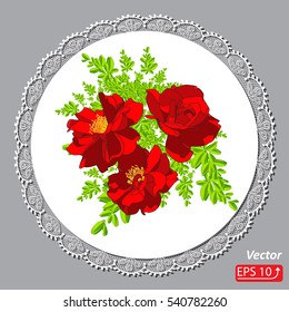  White lace design background, ornamental flowers band Abstract Template frame Lace Doily,  flowers red roses  Floral background vector illustration