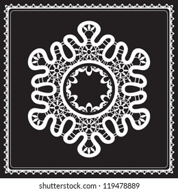 White lace doily in shape of snowflake and square frame isolated on black, decorative vector elements