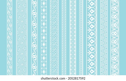 White lace edging. Cute textile wedding borders, barouque laces fabric tapes vector image, curve retro cloth silhouette ribbons, vintage cotton baroque vector strips isolated on blue background